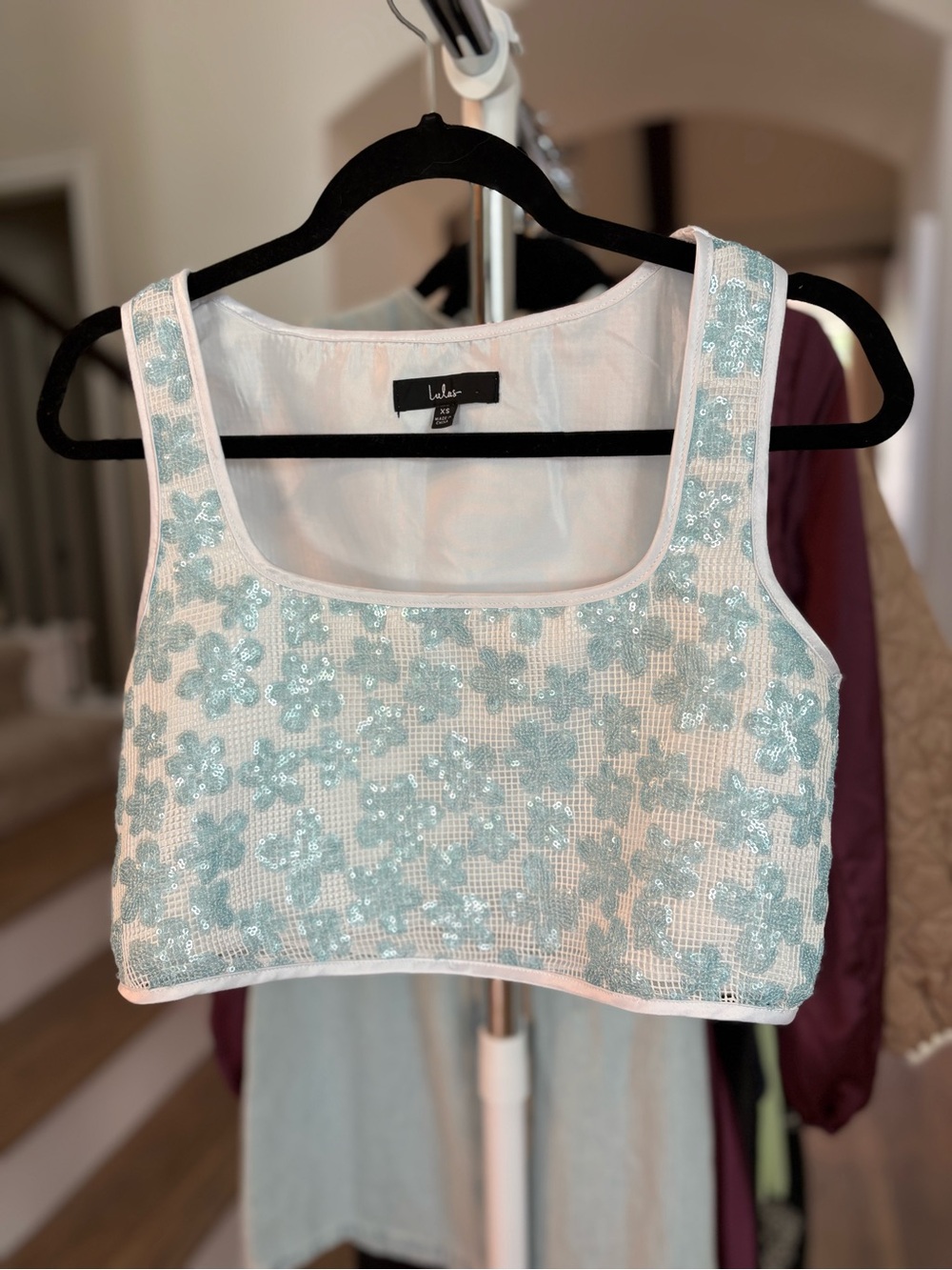 Lulu's Light Aqua Sequin Floral Crop Tank